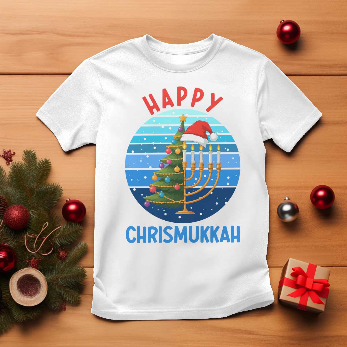 Happy Chrismukkah T Shirt Menorah Candle Christmas Tree Holiday Jewish Gift TS12 White Print Your Wear