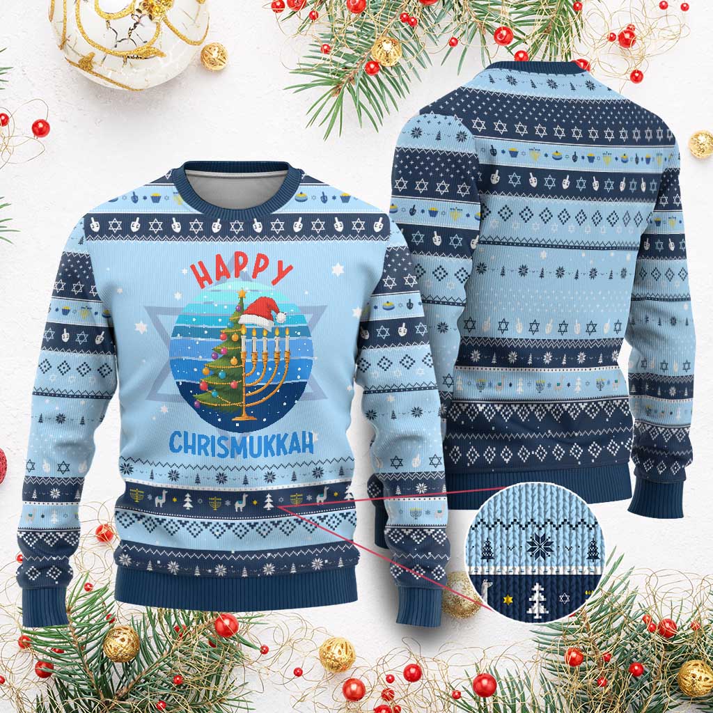 Happy Chrismukkah Hanukkah Ugly Sweater Menorah Candle Christmas Tree Holiday Jewish Gift TS12 Light Blue Navy Print Your Wear