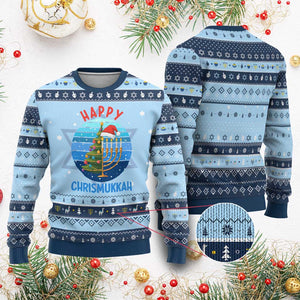 Happy Chrismukkah Hanukkah Ugly Sweater Menorah Candle Christmas Tree Holiday Jewish Gift TS12 Light Blue Navy Print Your Wear