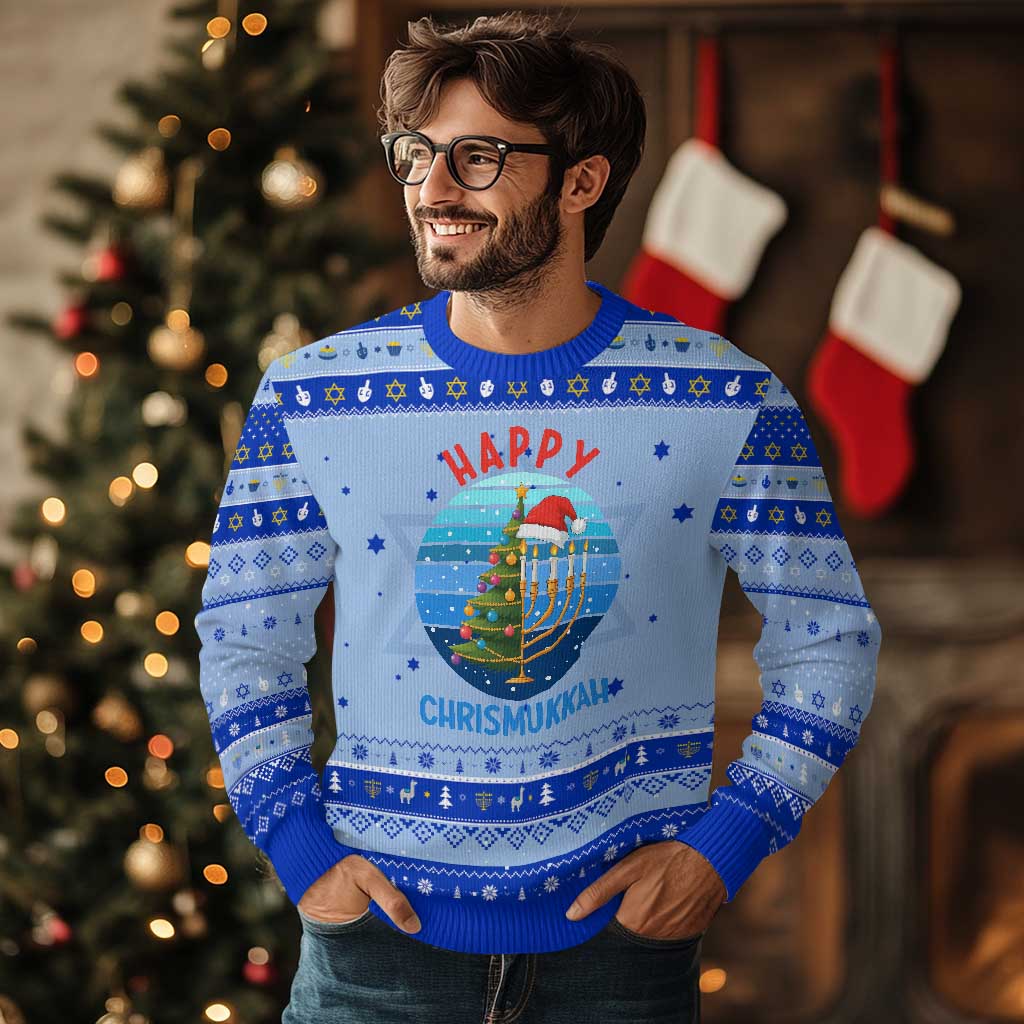 Happy Chrismukkah Hanukkah Ugly Sweater Menorah Candle Christmas Tree Holiday Jewish Gift TS12 Light Blue Royal Blue Print Your Wear