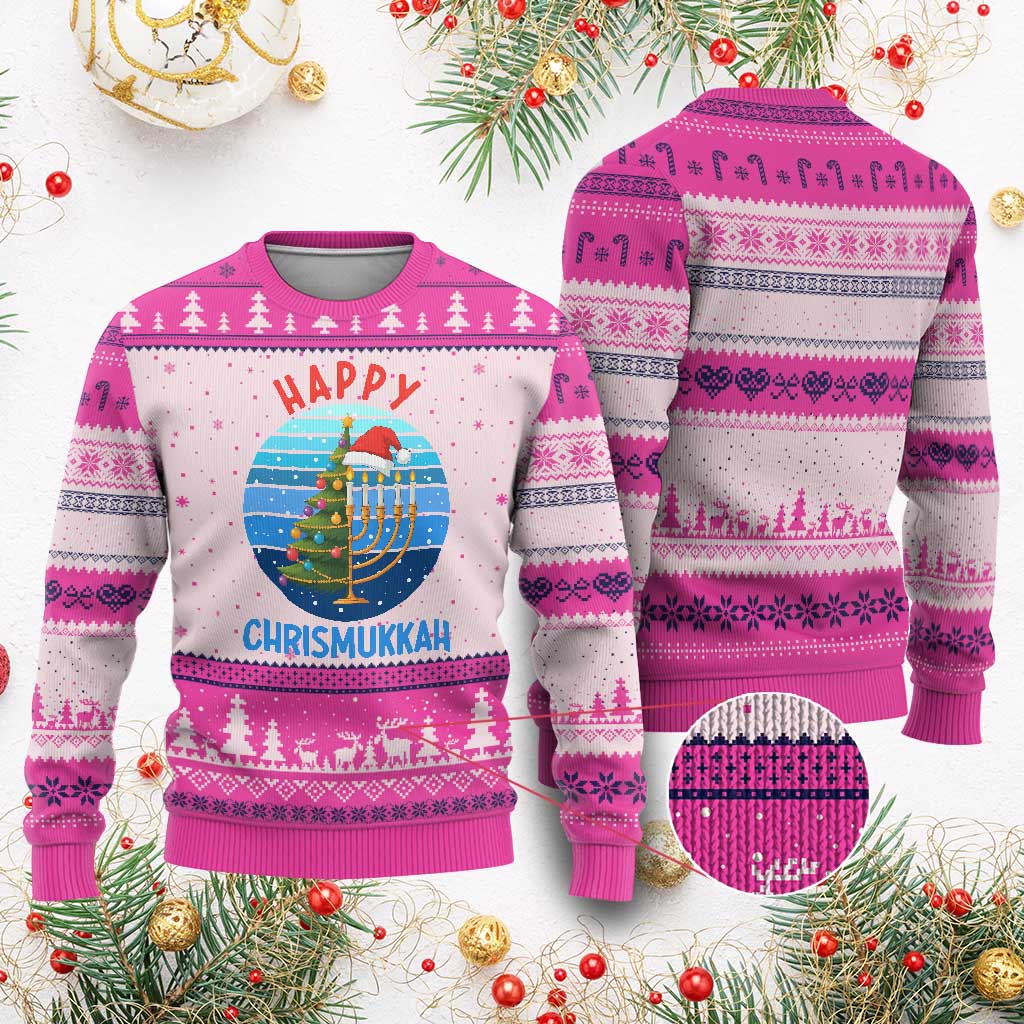 Happy Chrismukkah Ugly Christmas Sweater Menorah Candle Xmas Tree Holiday Jewish Gift TS12 Hot Pink Print Your Wear