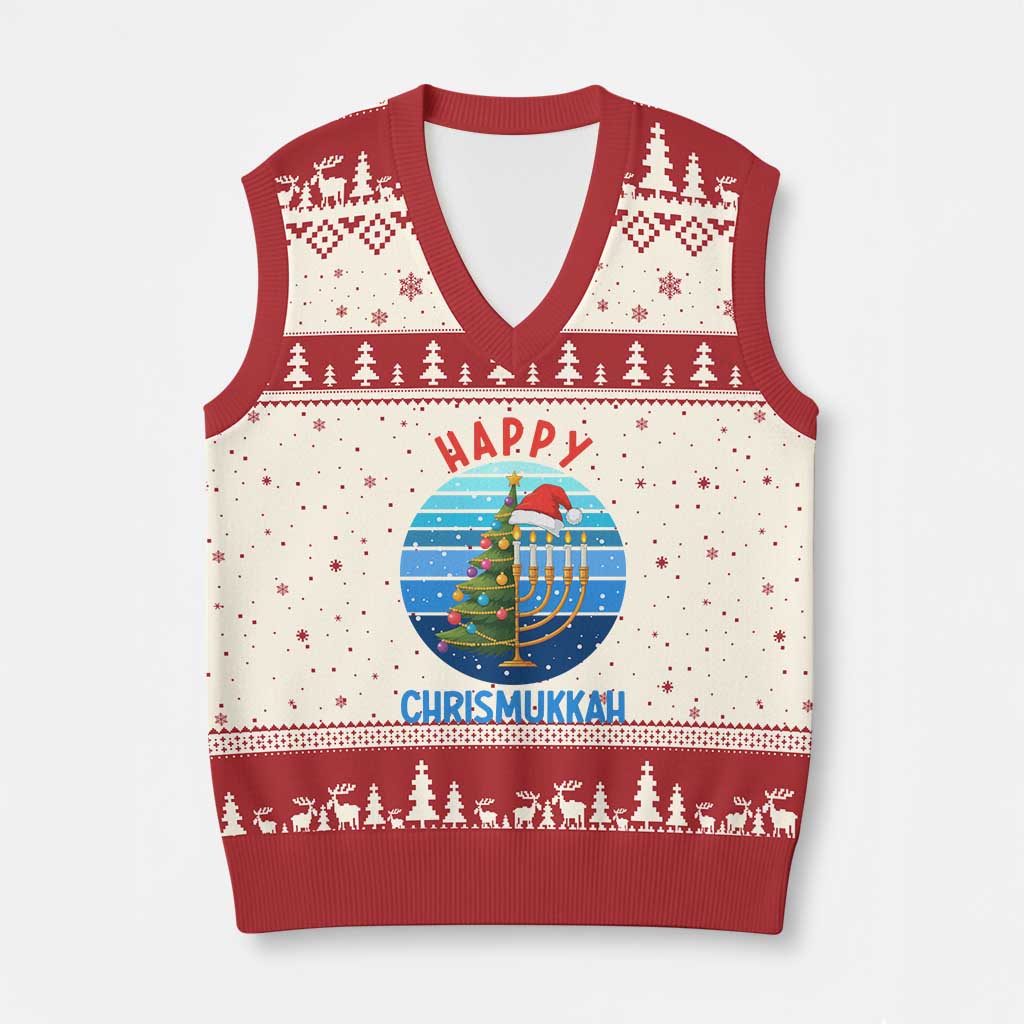 Happy Chrismukkah V-Neck Knit Sweater Vest Menorah Candle Xmas Tree Holiday Jewish Gift TS12 Beige Red Print Your Wear