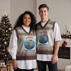 Happy Chrismukkah V-Neck Knit Sweater Vest Menorah Candle Xmas Tree Holiday Jewish Gift TS12 Mocha Mousse Print Your Wear