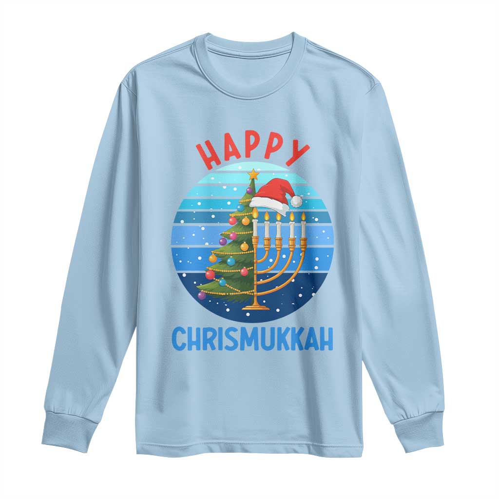 Happy Chrismukkah Long Sleeve Shirt Menorah Candle Christmas Tree Holiday Jewish Gift TS12 Light Blue Print Your Wear