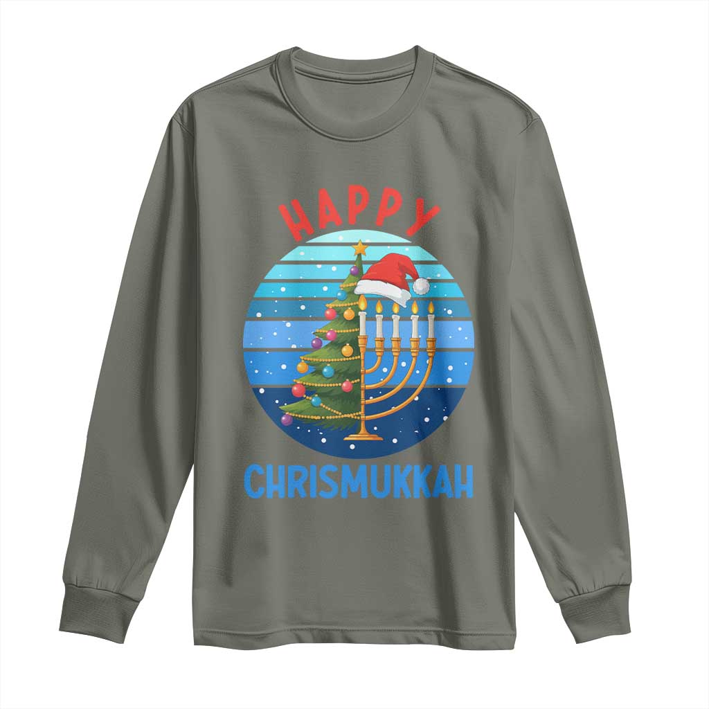 Happy Chrismukkah Long Sleeve Shirt Menorah Candle Christmas Tree Holiday Jewish Gift TS12 Military Green Print Your Wear