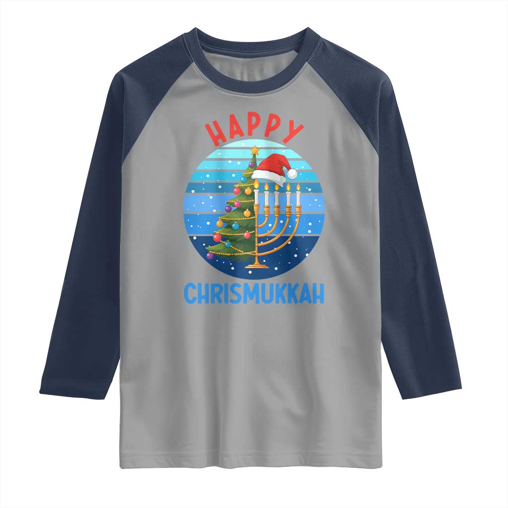 Happy Chrismukkah Raglan Shirt Menorah Candle Christmas Tree Holiday Jewish Gift TS12 Sport Gray Navy Print Your Wear