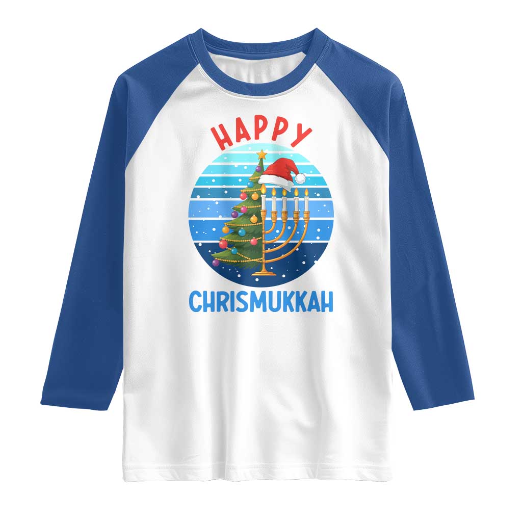 Happy Chrismukkah Raglan Shirt Menorah Candle Christmas Tree Holiday Jewish Gift TS12 White Royal Print Your Wear