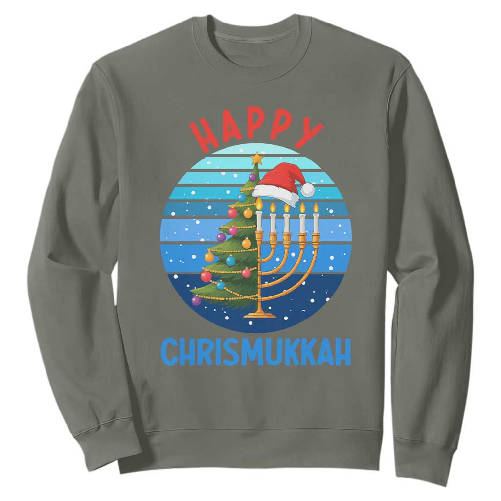 Happy Chrismukkah Sweatshirt Menorah Candle Christmas Tree Holiday Jewish Gift TS12 Military Green Print Your Wear