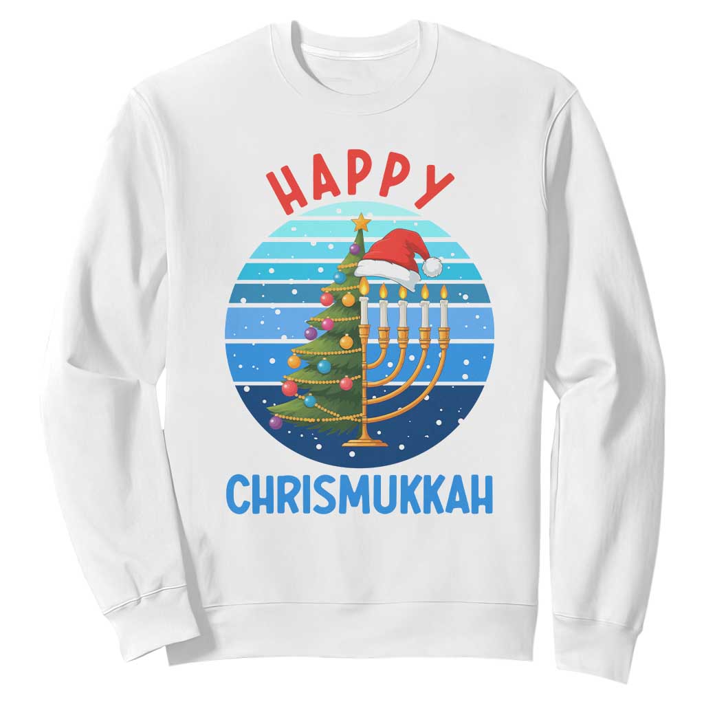 Happy Chrismukkah Sweatshirt Menorah Candle Christmas Tree Holiday Jewish Gift TS12 White Print Your Wear