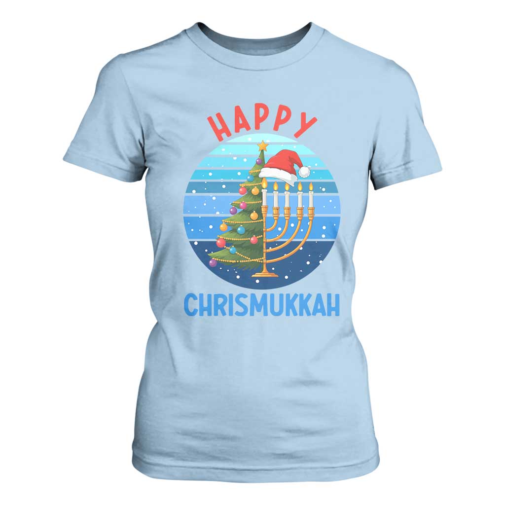 Happy Chrismukkah T Shirt For Women Menorah Candle Christmas Tree Holiday Jewish Gift TS12 Light Blue Print Your Wear