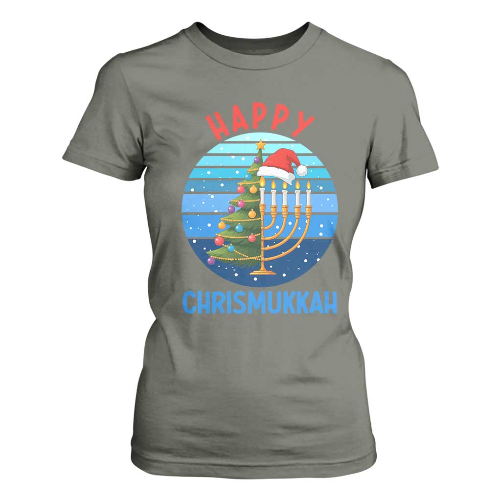 Happy Chrismukkah T Shirt For Women Menorah Candle Christmas Tree Holiday Jewish Gift TS12 Military Green Print Your Wear