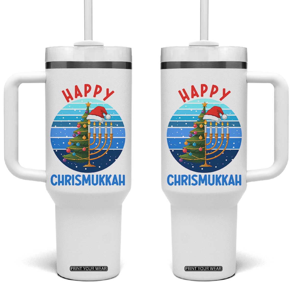Happy Chrismukkah Tumbler With Handle Menorah Candle Christmas Tree Holiday Jewish Gift TS12 One Size: 40 oz White Print Your Wear