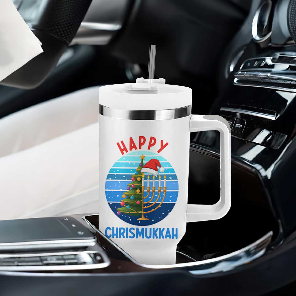 Happy Chrismukkah Tumbler With Handle Menorah Candle Christmas Tree Holiday Jewish Gift TS12 Print Your Wear
