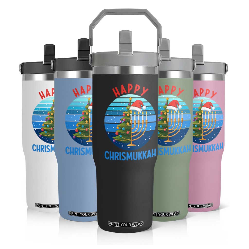 Happy Chrismukkah Flip Straw Tumbler Menorah Candle Christmas Tree Holiday Jewish Gift TS12 Print Your Wear