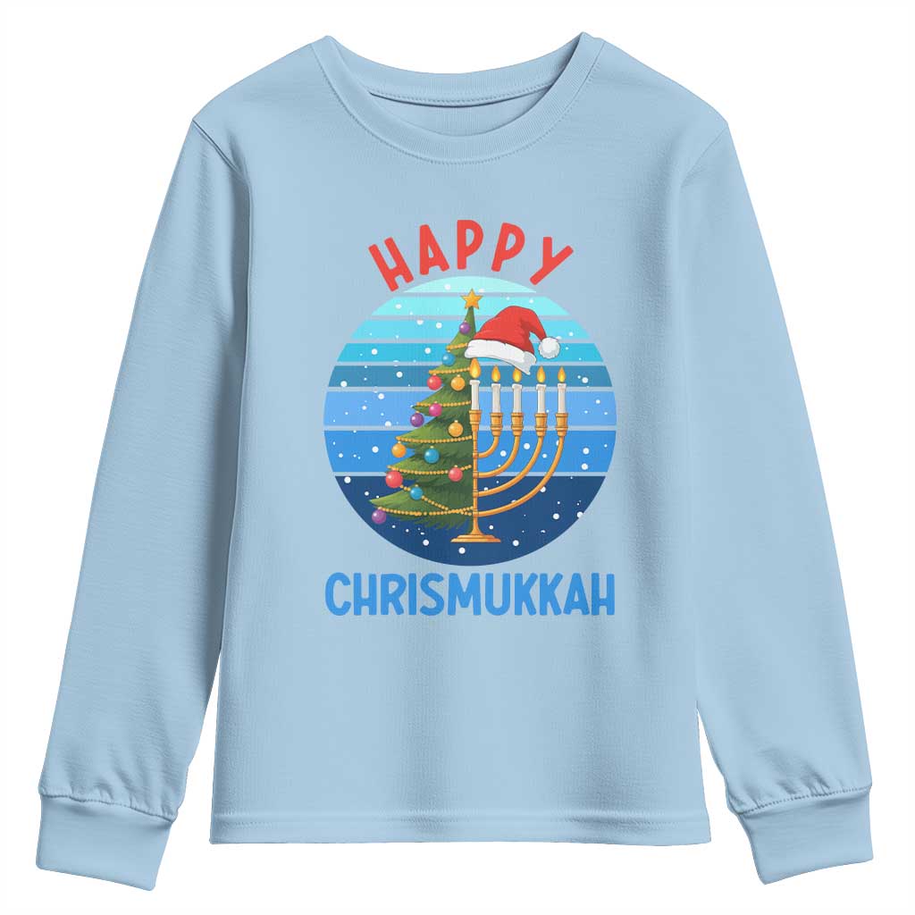 Happy Chrismukkah Youth Sweatshirt Menorah Candle Christmas Tree Holiday Jewish Gift TS12 Light Blue Print Your Wear