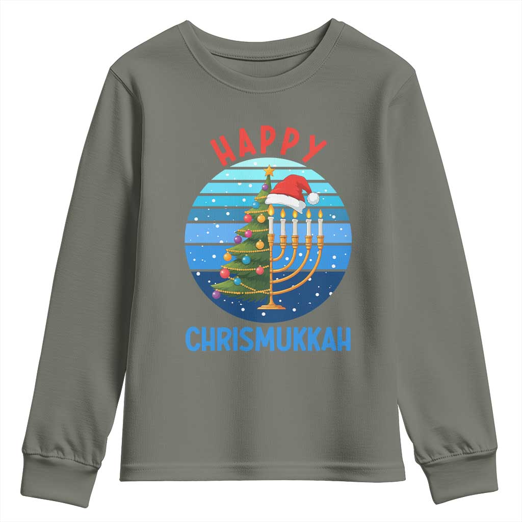 Happy Chrismukkah Youth Sweatshirt Menorah Candle Christmas Tree Holiday Jewish Gift TS12 Military Green Print Your Wear