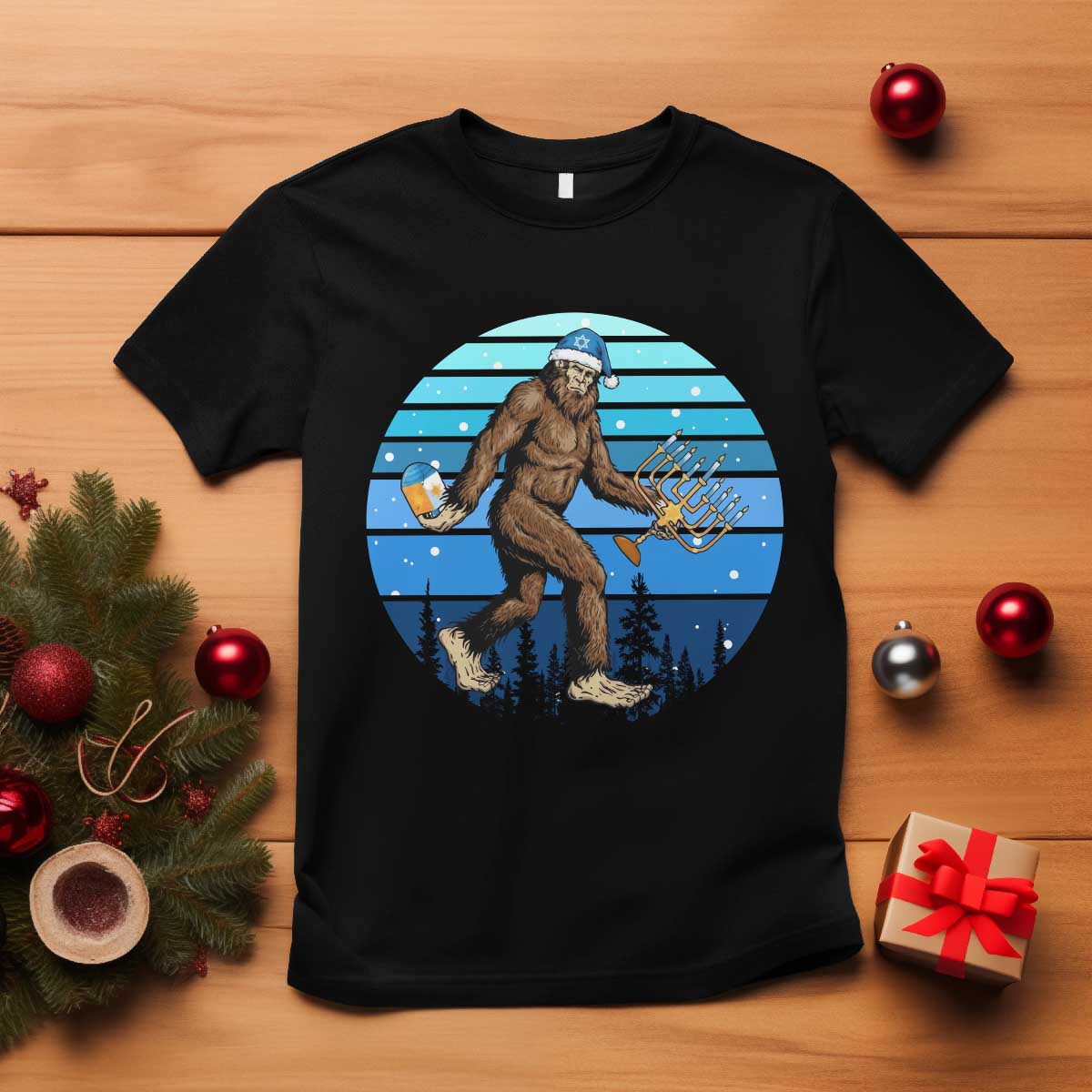 Funny Christmas Hanukkah Bigfoot Lover T Shirt Jewish Holiday Gift TS12 Black Print Your Wear