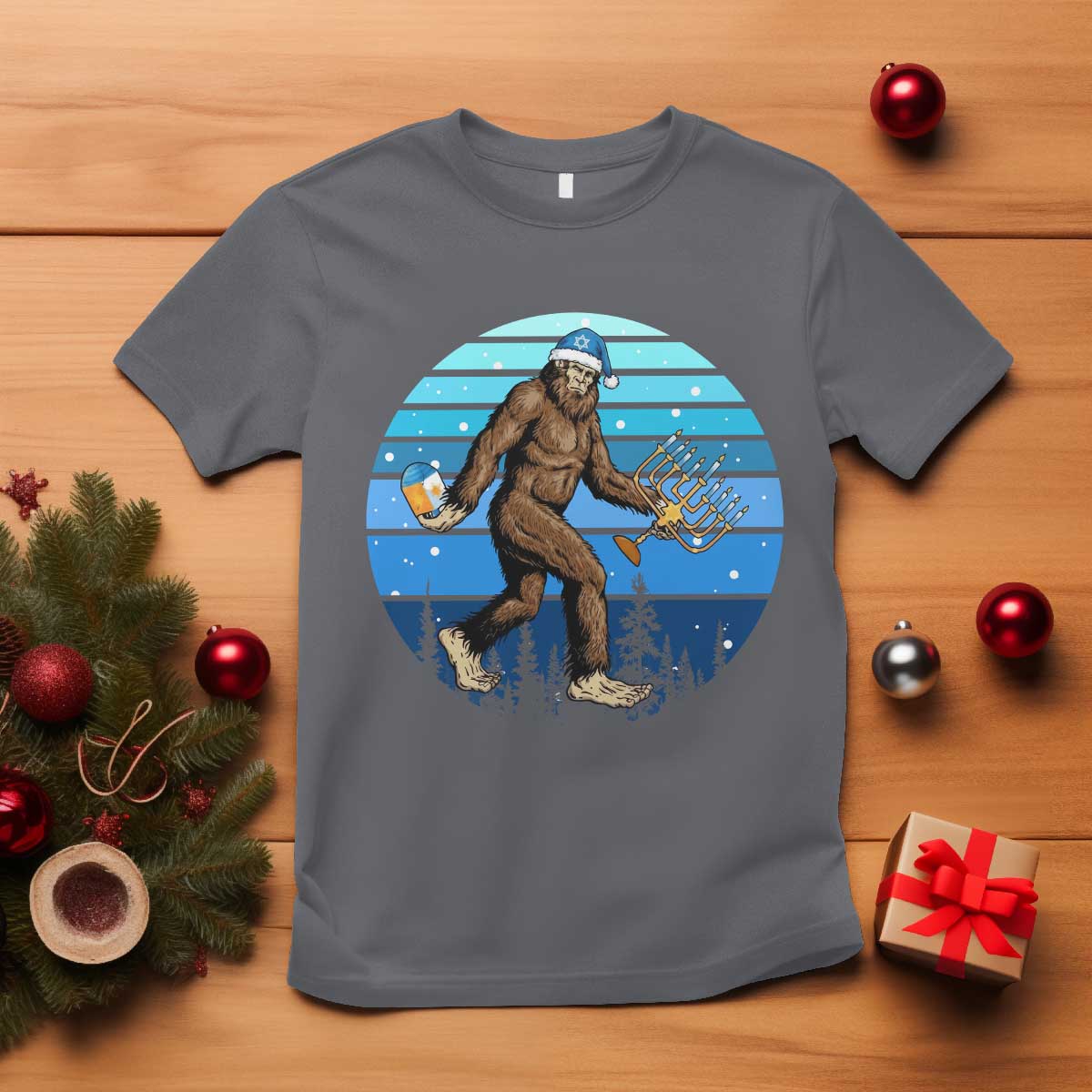 Funny Christmas Hanukkah Bigfoot Lover T Shirt Jewish Holiday Gift TS12 Charcoal Print Your Wear