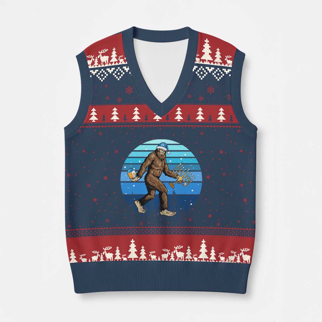 Funny Xmas Hanukkah Bigfoot Lover V-Neck Knit Sweater Vest Jewish Holiday Gift TS12 Navy Red Print Your Wear