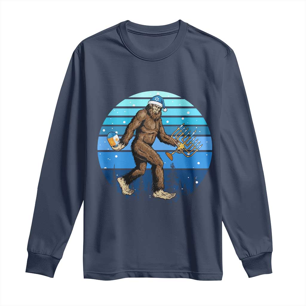 Funny Christmas Hanukkah Bigfoot Lover Long Sleeve Shirt Jewish Holiday Gift TS12 Navy Print Your Wear