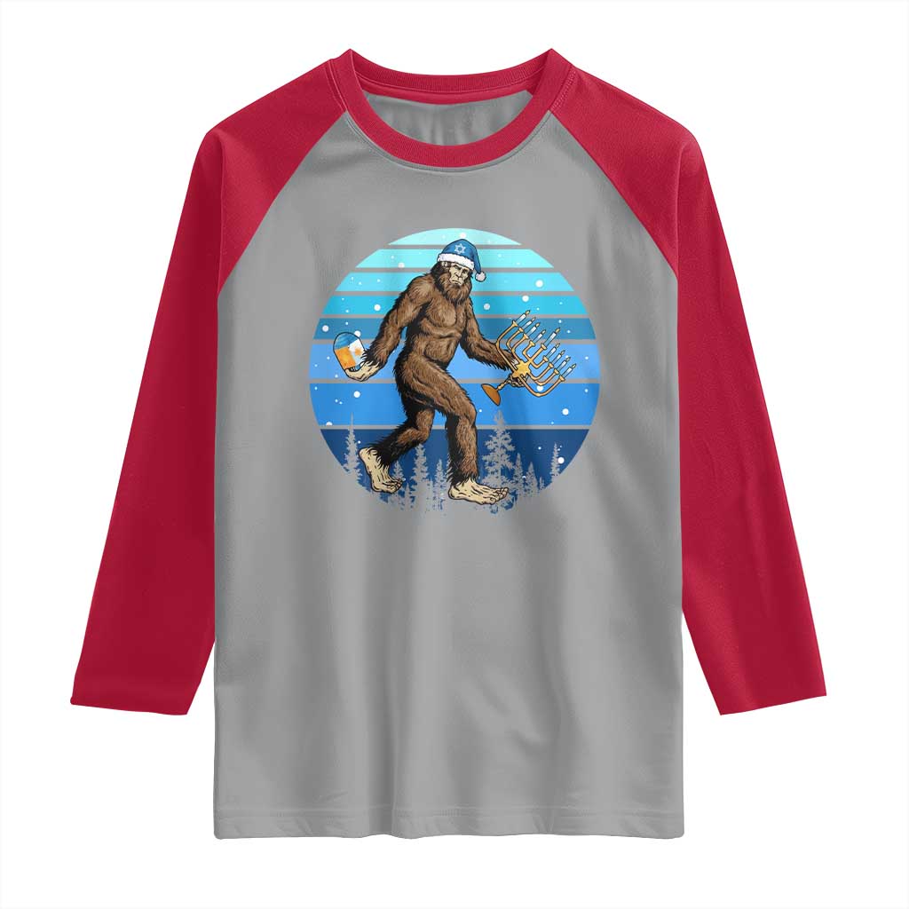 Funny Christmas Hanukkah Bigfoot Lover Raglan Shirt Jewish Holiday Gift TS12 Sport Gray Red Print Your Wear