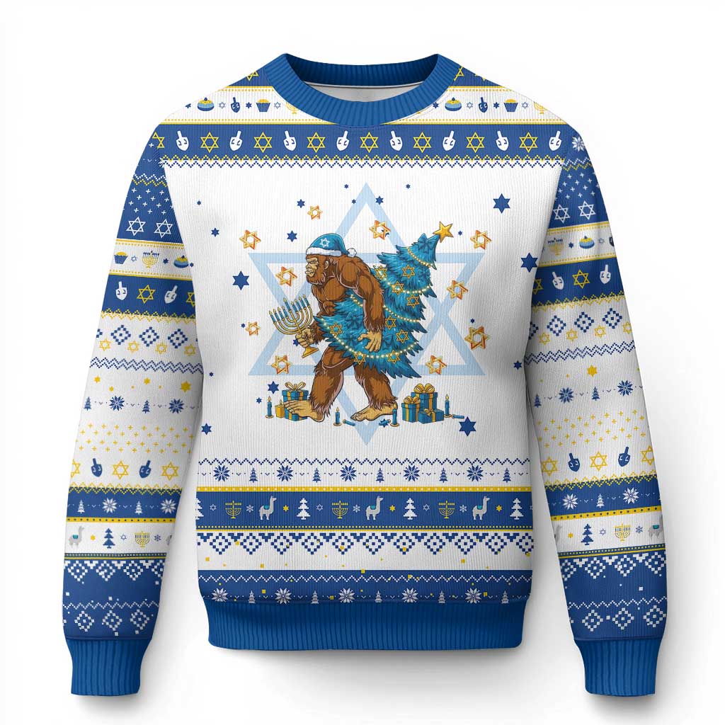 Funny Bigfoot Lover Jewish Holiday Gift Hanukkah Ugly Sweater TS12 White Royal Blue Print Your Wear