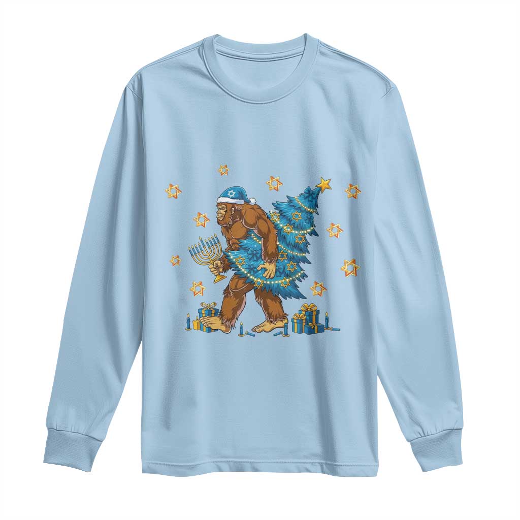 Funny Hanukkah Bigfoot Lover Jewish Holiday Gift Long Sleeve Shirt TS12 Light Blue Print Your Wear