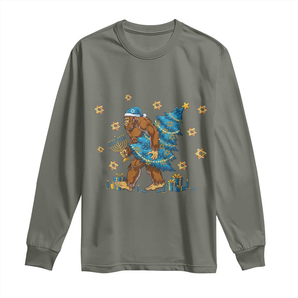 Funny Hanukkah Bigfoot Lover Jewish Holiday Gift Long Sleeve Shirt TS12 Military Green Print Your Wear