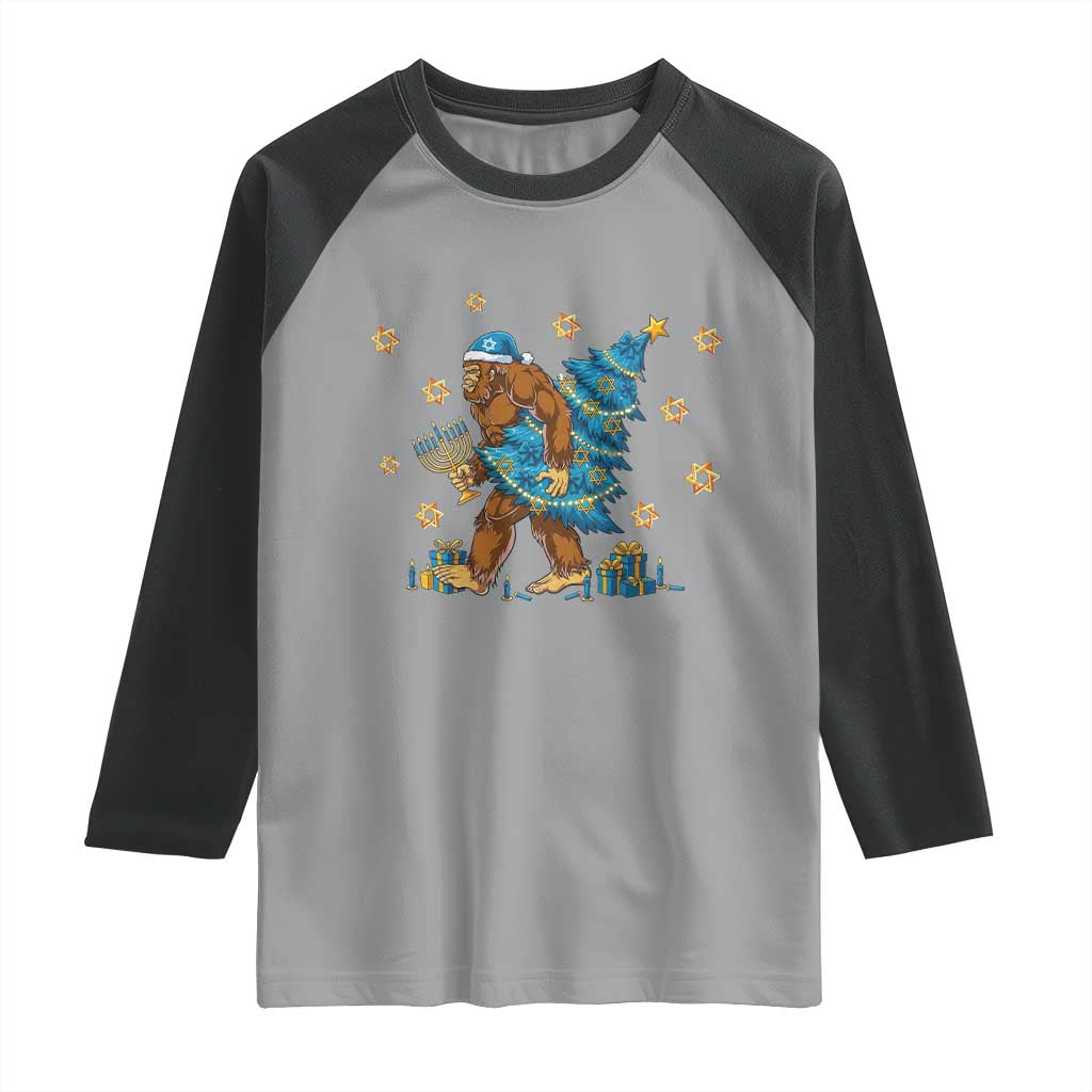 Funny Hanukkah Bigfoot Lover Jewish Holiday Gift Raglan Shirt TS12 Sport Gray Black Print Your Wear