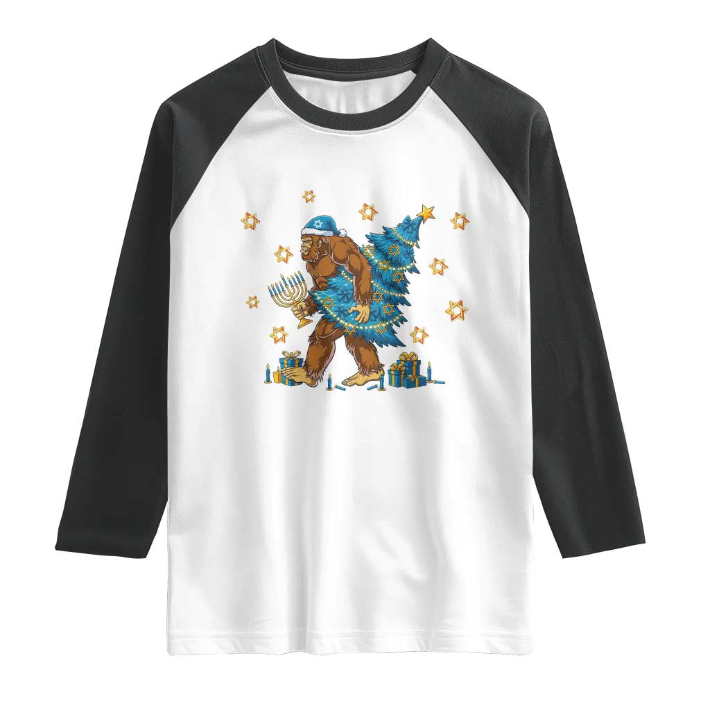 Funny Hanukkah Bigfoot Lover Jewish Holiday Gift Raglan Shirt TS12 White Black Print Your Wear