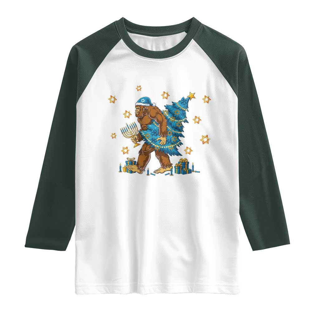 Funny Hanukkah Bigfoot Lover Jewish Holiday Gift Raglan Shirt TS12 White Dark Forest Green Print Your Wear