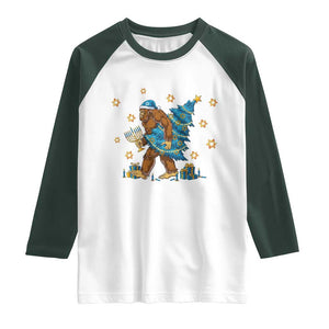 Funny Hanukkah Bigfoot Lover Jewish Holiday Gift Raglan Shirt TS12 White Dark Forest Green Print Your Wear