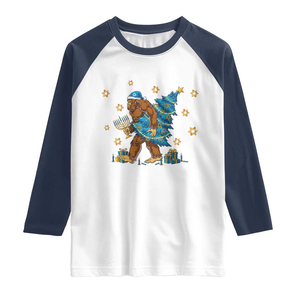 Funny Hanukkah Bigfoot Lover Jewish Holiday Gift Raglan Shirt TS12 White Navy Print Your Wear