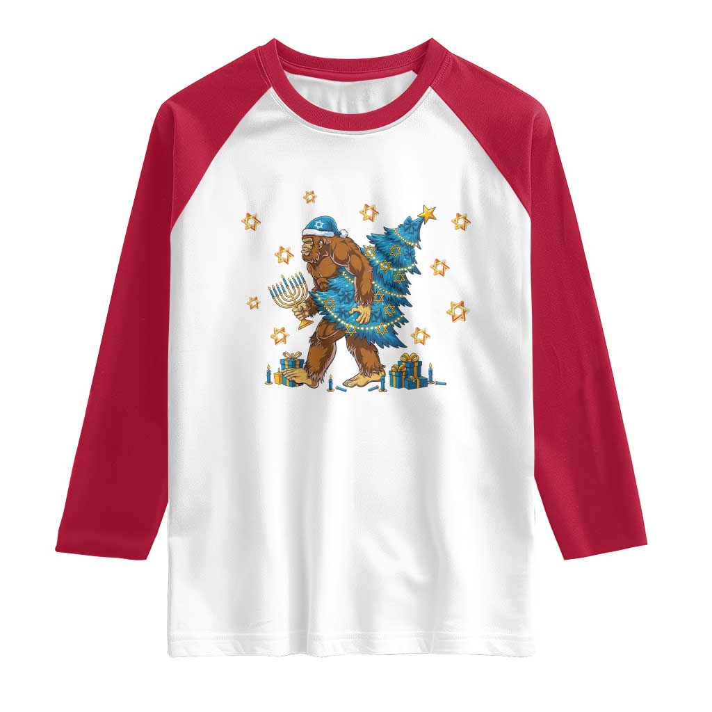 Funny Hanukkah Bigfoot Lover Jewish Holiday Gift Raglan Shirt TS12 White Red Print Your Wear
