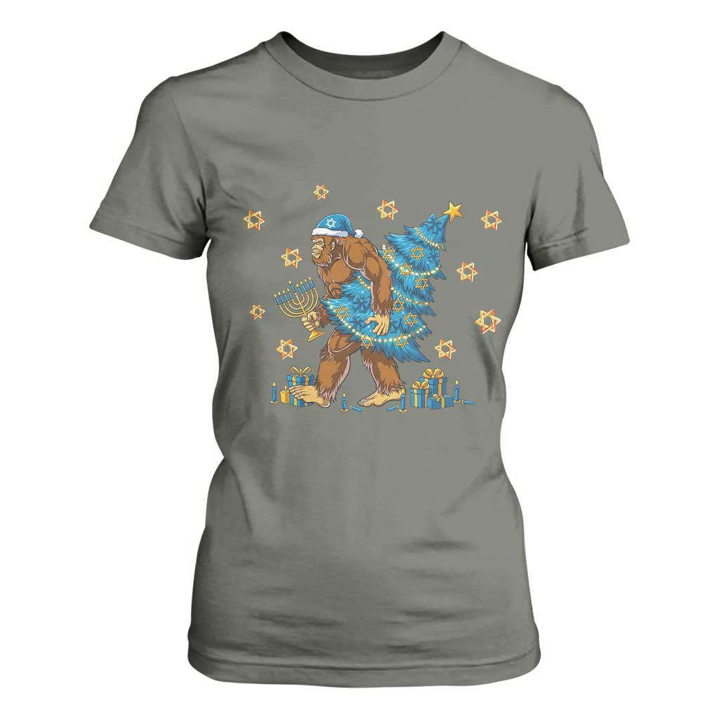 Funny Hanukkah Bigfoot Lover Jewish Holiday Gift T Shirt For Women TS12 Military Green Print Your Wear