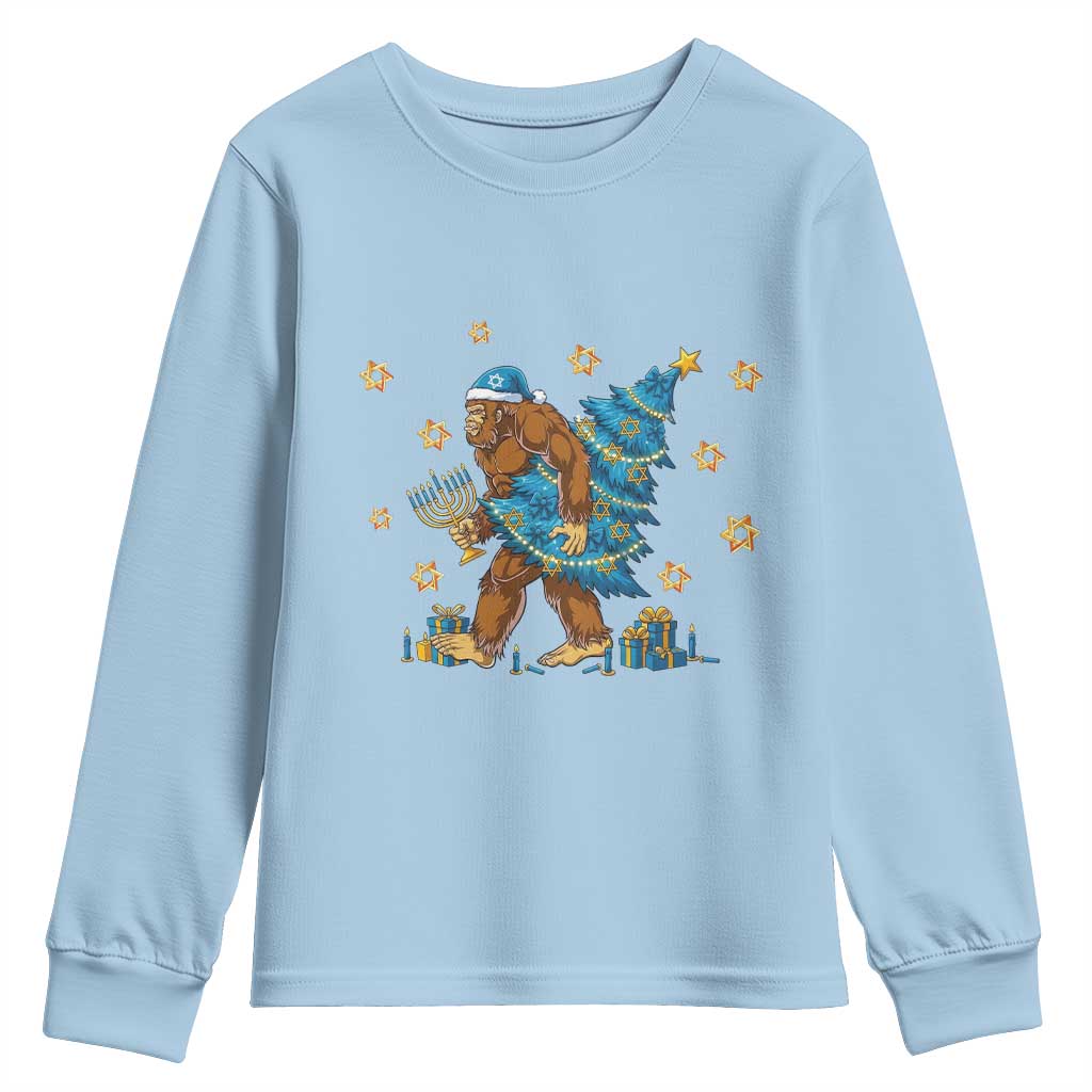 Funny Hanukkah Bigfoot Lover Jewish Holiday Gift Youth Sweatshirt TS12 Light Blue Print Your Wear