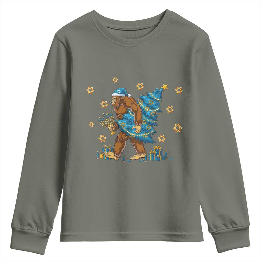 Funny Hanukkah Bigfoot Lover Jewish Holiday Gift Youth Sweatshirt TS12 Military Green Print Your Wear