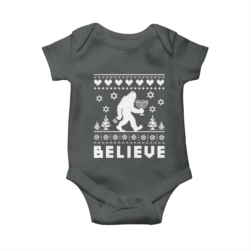 Funny Hanukkah Bigfoot Baby Onesie Believe Ugly Sweater Jewish Holiday Gift TS12 Dark Heather Print Your Wear
