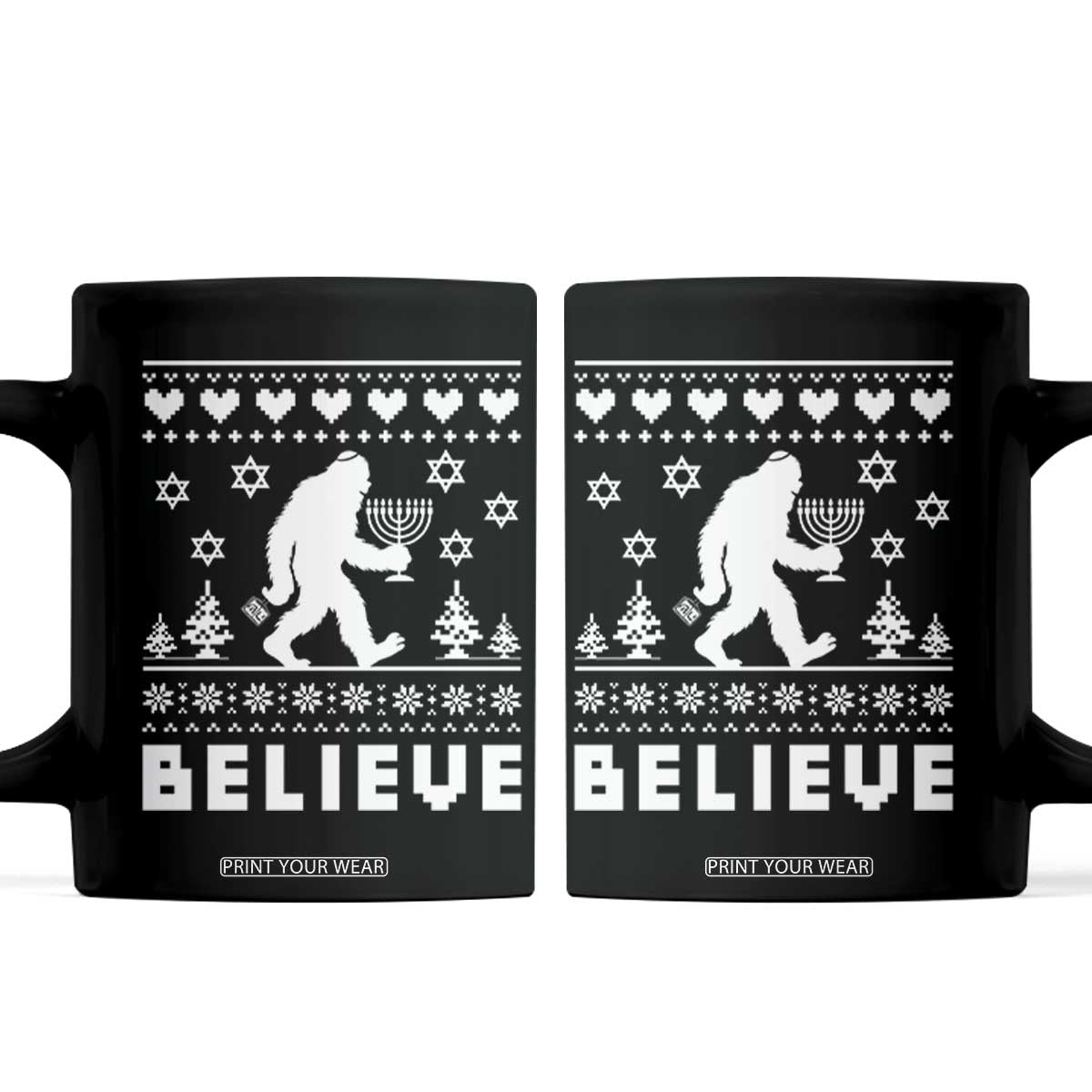 Funny Hanukkah Bigfoot Coffee Mug Believe Ugly Sweater Jewish Holiday Gift TS12 Black Print Your Wear