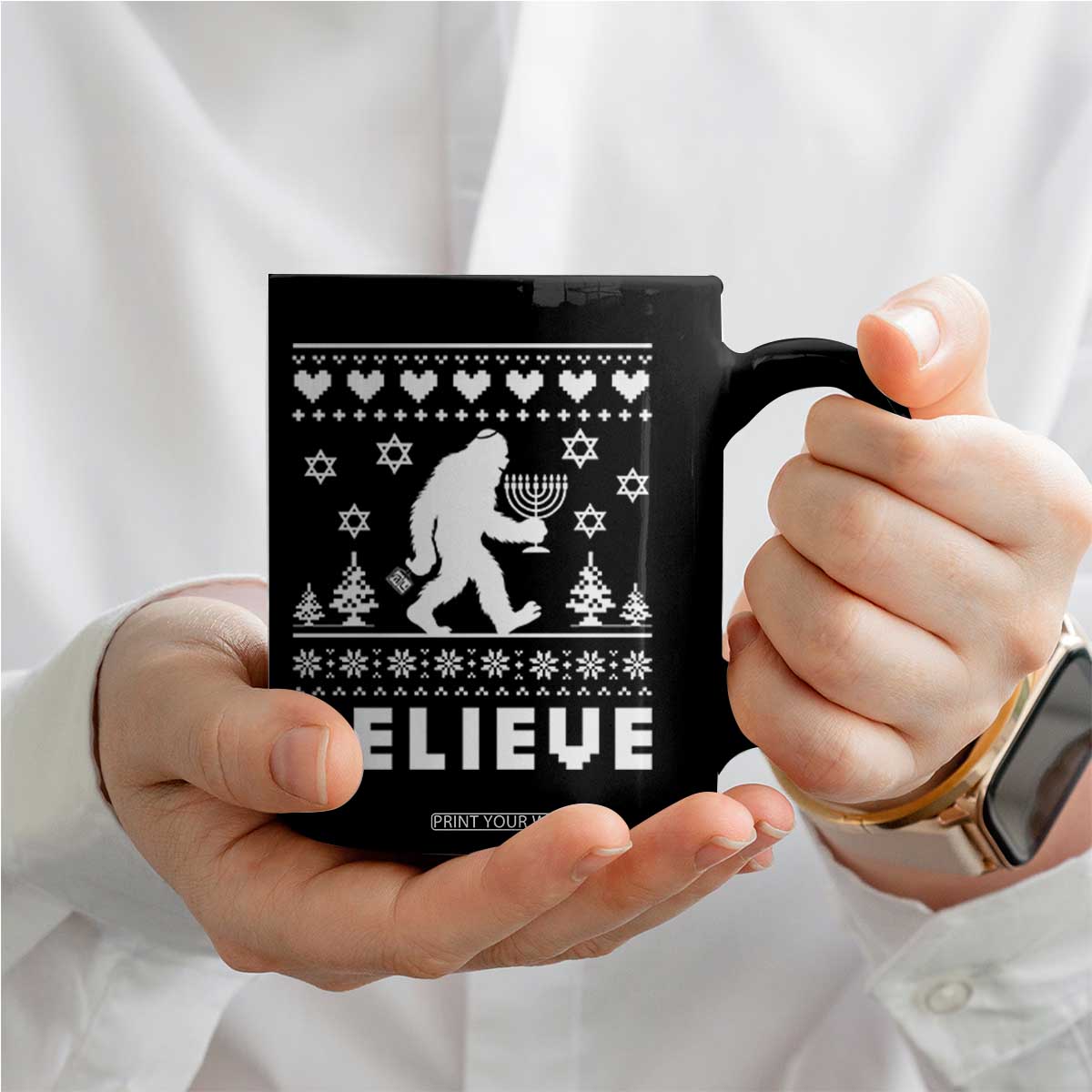 Funny Hanukkah Bigfoot Coffee Mug Believe Ugly Sweater Jewish Holiday Gift TS12 Print Your Wear
