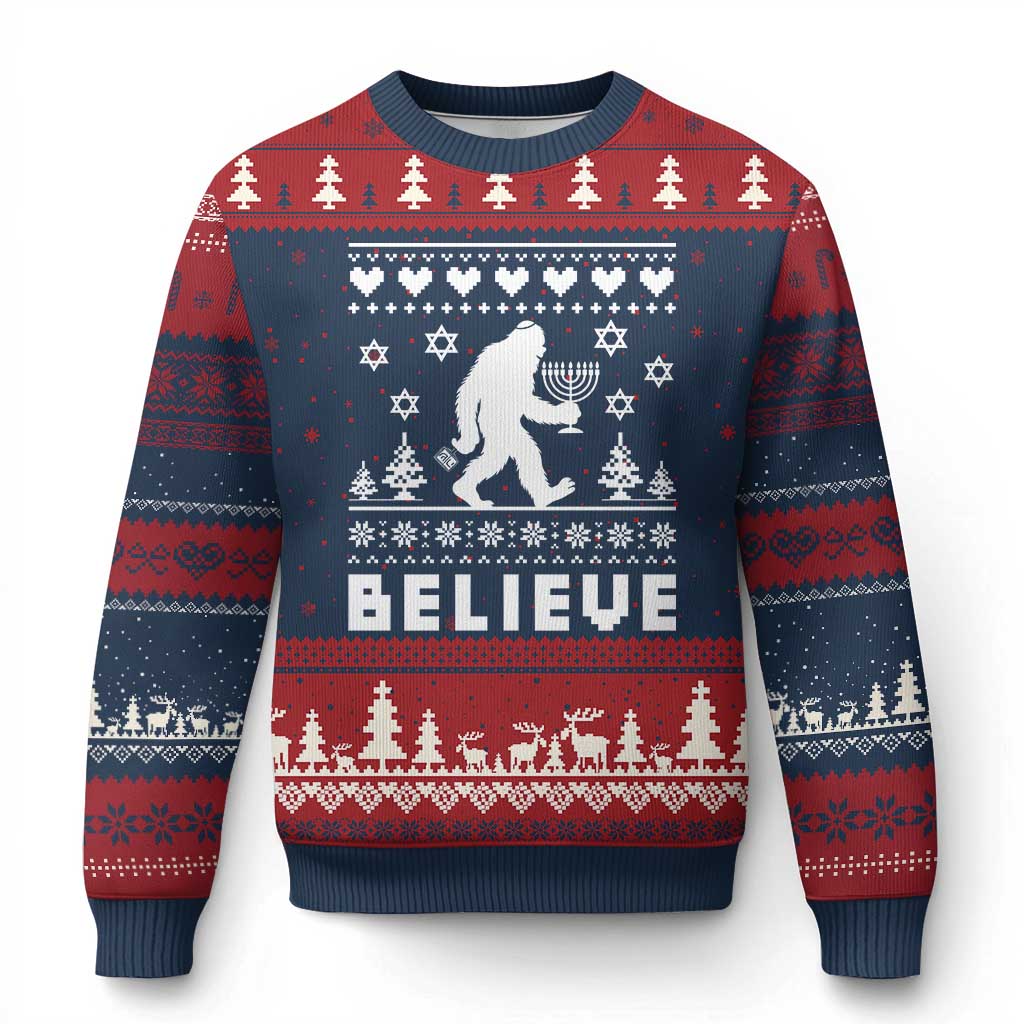 Funny Hanukkah Bigfoot Ugly Christmas Sweater Believe Ugly Sweater Jewish Holiday Gift TS12 Navy Red Print Your Wear