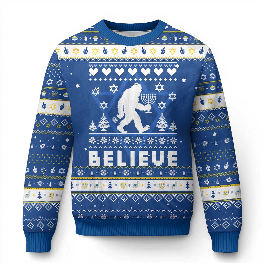 Funny Bigfoot Hanukkah Ugly Sweater Believe Ugly Sweater Jewish Holiday Gift TS12 Blue White Print Your Wear