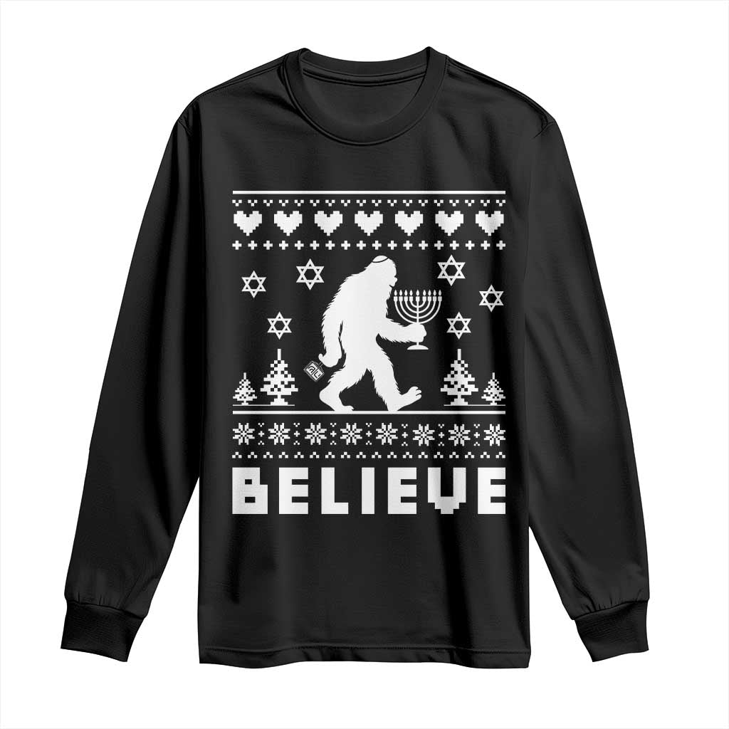 Funny Hanukkah Bigfoot Long Sleeve Shirt Believe Ugly Sweater Jewish Holiday Gift TS12 Black Print Your Wear
