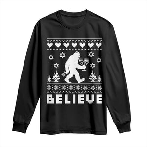 Funny Hanukkah Bigfoot Long Sleeve Shirt Believe Ugly Sweater Jewish Holiday Gift TS12 Black Print Your Wear