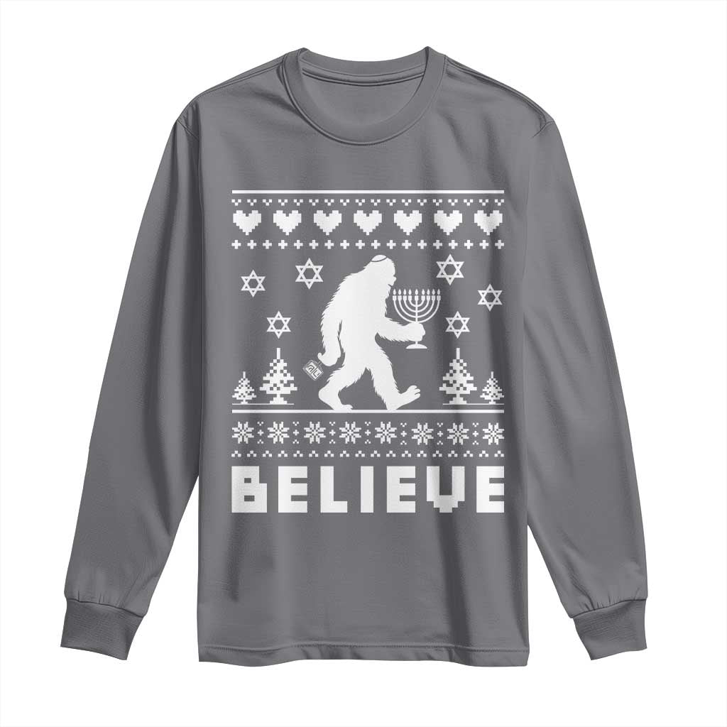 Funny Hanukkah Bigfoot Long Sleeve Shirt Believe Ugly Sweater Jewish Holiday Gift TS12 Charcoal Print Your Wear