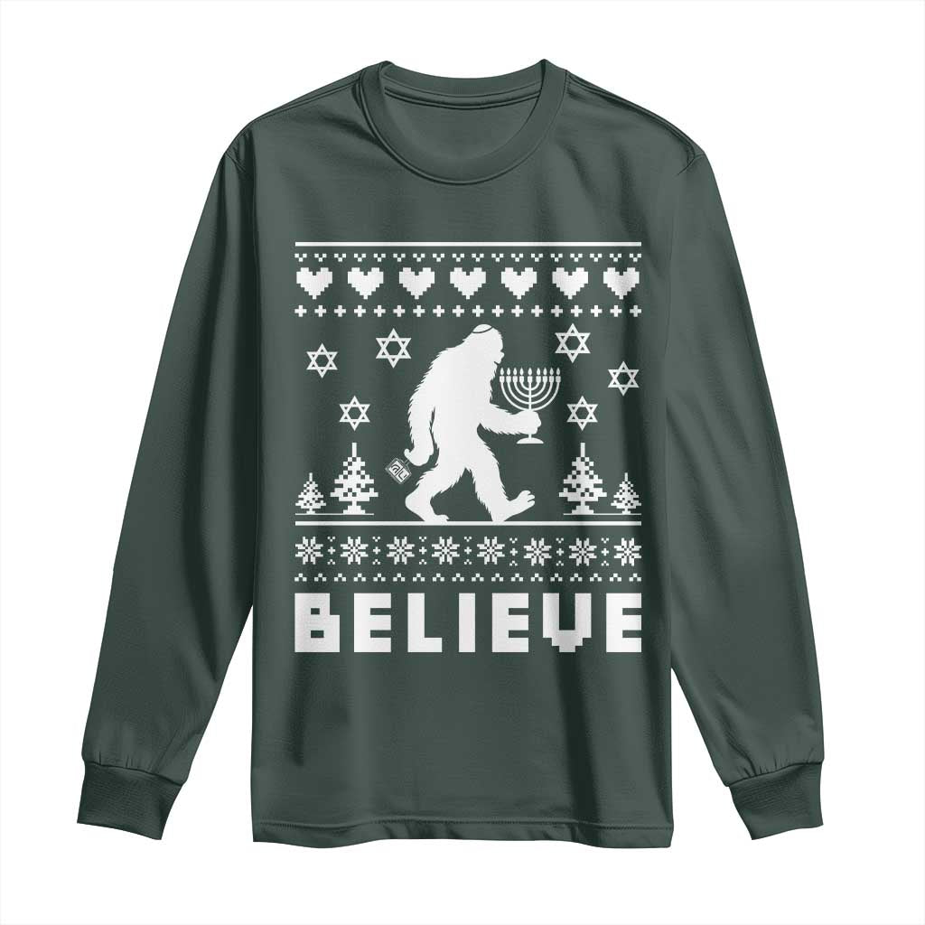 Funny Hanukkah Bigfoot Long Sleeve Shirt Believe Ugly Sweater Jewish Holiday Gift TS12 Dark Forest Green Print Your Wear