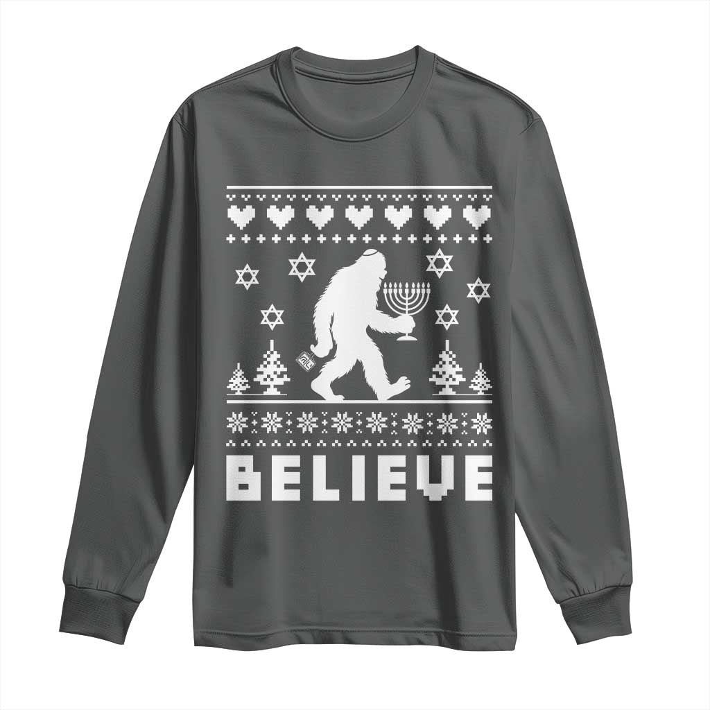Funny Hanukkah Bigfoot Long Sleeve Shirt Believe Ugly Sweater Jewish Holiday Gift TS12 Dark Heather Print Your Wear