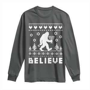 Funny Hanukkah Bigfoot Long Sleeve Shirt Believe Ugly Sweater Jewish Holiday Gift TS12 Dark Heather Print Your Wear