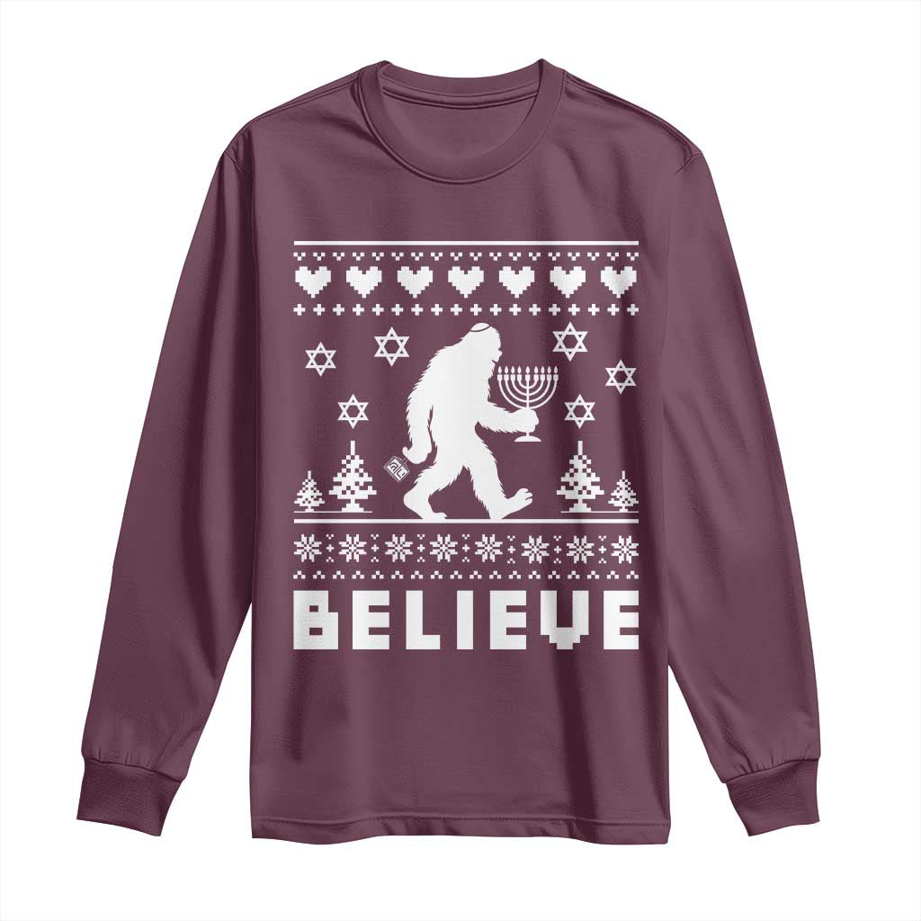 Funny Hanukkah Bigfoot Long Sleeve Shirt Believe Ugly Sweater Jewish Holiday Gift TS12 Maroon Print Your Wear