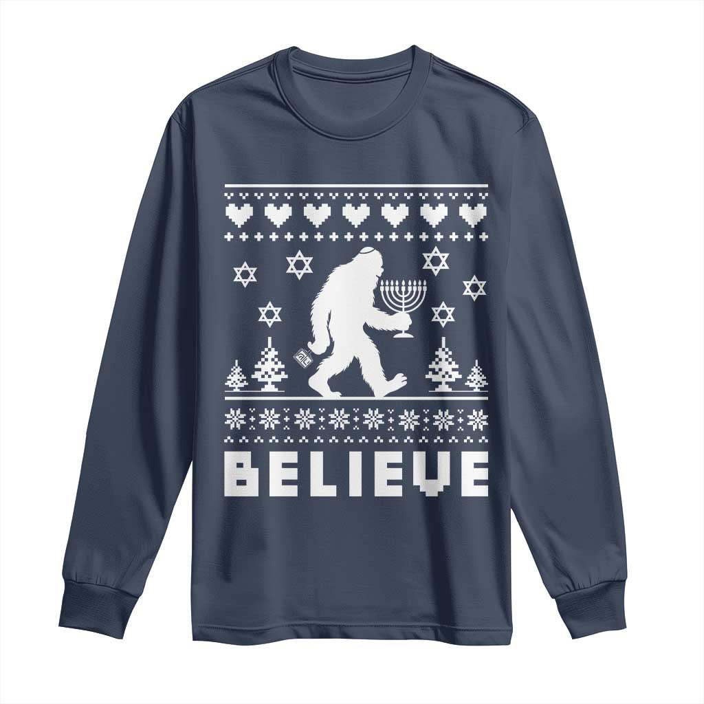 Funny Hanukkah Bigfoot Long Sleeve Shirt Believe Ugly Sweater Jewish Holiday Gift TS12 Navy Print Your Wear